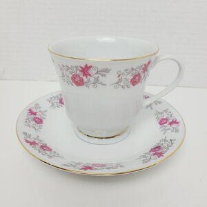 Vintage Porcelain Floral Hot Pink Fuchsia Teacup & Saucer Gold Trim 5 STARS